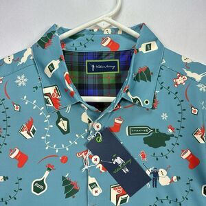 William Murray Golf "Holiday Chaos" Polo Shirt Men's Small Blue Xmas AOP S/S NWT
